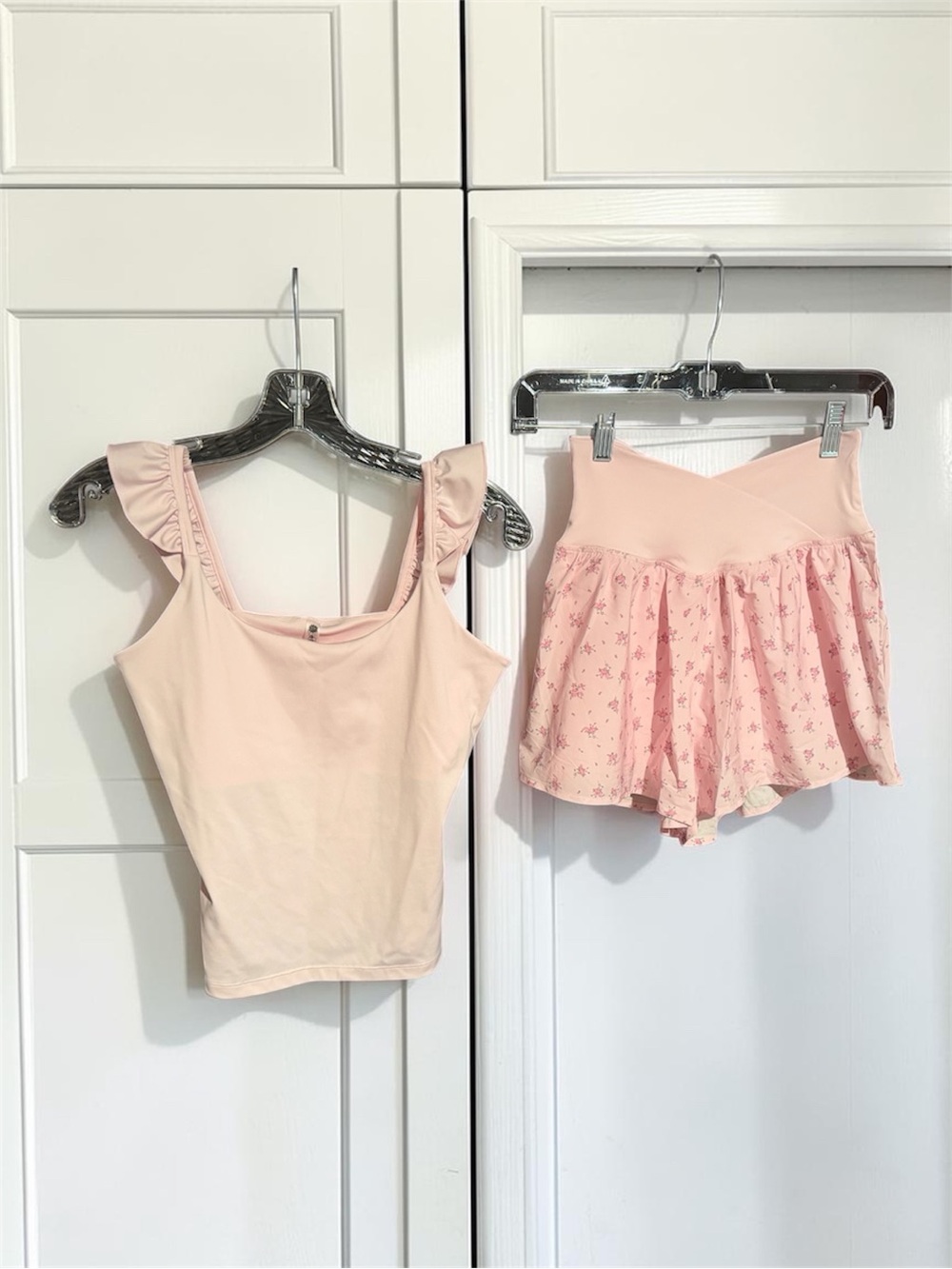 Women's Soft Pink Ruffle Strap Tank Top and Matching Shorts